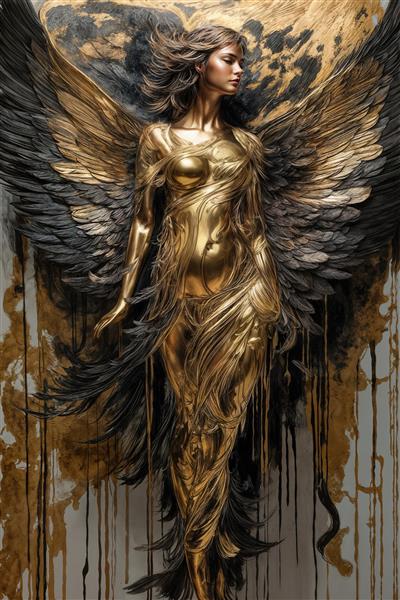 طرح دکوراتیو فرشته در حال پرواز با لباس مجسمه‌ای طلایی و بال‌های باز