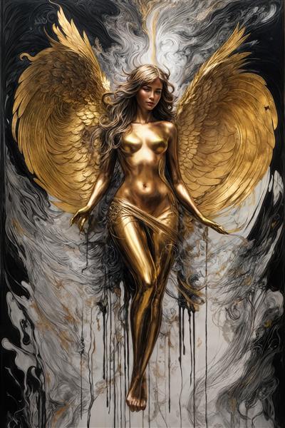 تصویر پرتره فرشته با بال‌های بزرگ مشکی و لباس طلایی برای چاپ تابلو