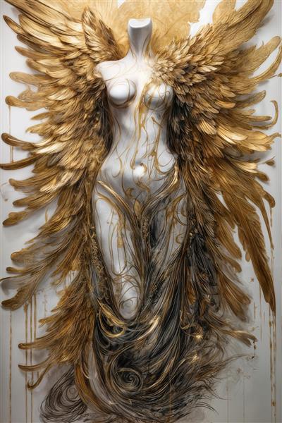 طرح سه‌بعدی فرشته بالدار با بافت طلای مذاب و پس‌زمینه خاکستری و مشکی