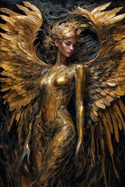 تابلوی فرشته الهه با بازوان گشوده و بافت مجسمه طلایی روی زمینه تیره