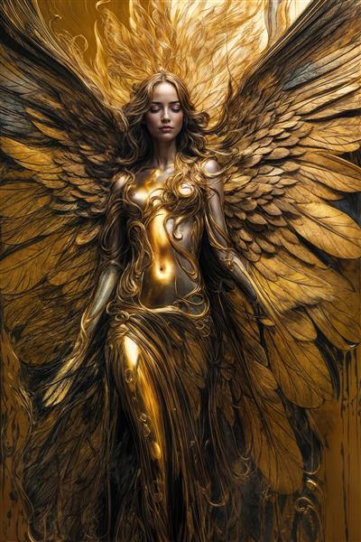 پوستر فرشته بالدار با بافت طلایی و بال‌های پرپشت مشکی برای تزیین شیک