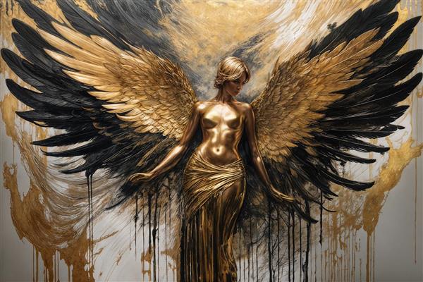 تصویر الهه بال‌گسترده با لباس بلند طلایی و بافت مجسمه دکوراسیون