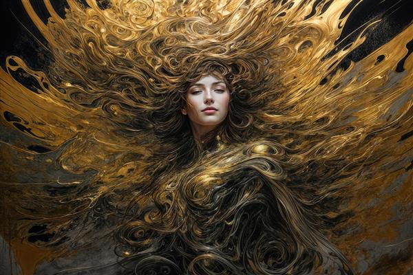 طرح دکوراتیو فرشته بالدار با بال‌های مشکی و طلایی و آبشار رنگ