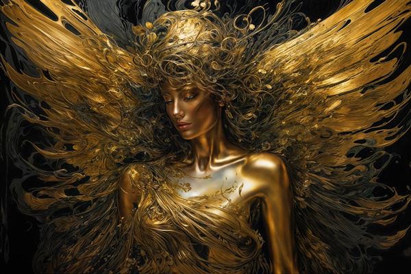عکس فرشته الهه با موهای پرپشت طلایی مجسمه برای چاپ بوم دکوراتیو