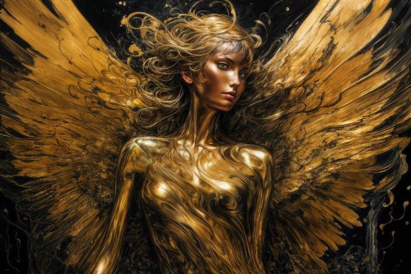پوستر فرشته بالدار با بافت مذاب طلایی و فیبرهای نورانی برای تزیین شیک