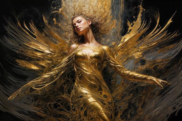 طرح دکوراتیو فرشته در حال عروج با بافت طلای مایع و بال‌های بزرگ