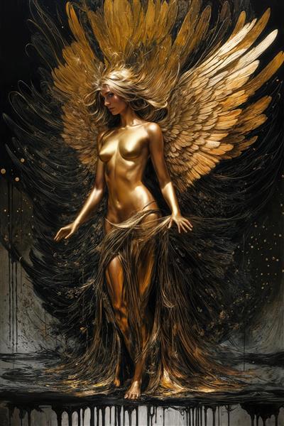 تابلوی فرشته الهام‌بخش با پوشش طلایی و بال‌های پرپشت روی زمینه تیره