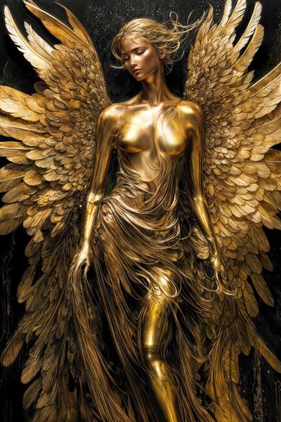 طرح دیوارپوش سه بعدی فرشته بالدار طلایی با لباس ابریشمی مذاب