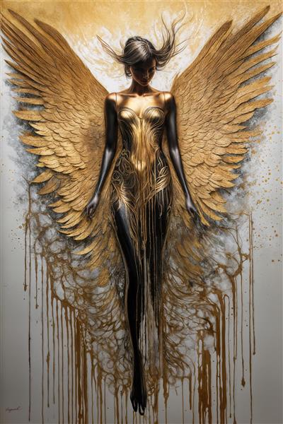 طرح تابلوی مدرن فرشته با بال‌های طلایی در حال فرود روی پس زمینه روشن
