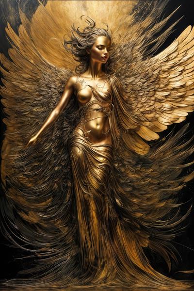 پوستر فرشته بال‌گسترده با لباس مجسمه‌ای طلایی و بافت موی در حال پرواز
