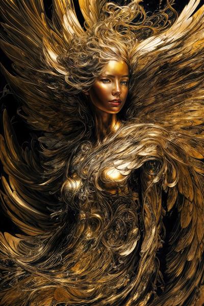 تصویر پرتره فرشته الهه با موهای پرپشت و بافت طلای مایع سیاه و سفید