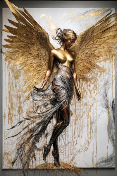 طرح الهه طلایی با لباس ابریشمی نقره‌ای و بال‌های بزرگ برای چاپ تابلو