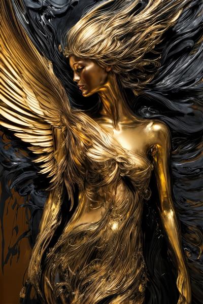 پوستر فرشته بالدار با بافت مذاب طلایی و موهای مشکی برای تزیین شیک