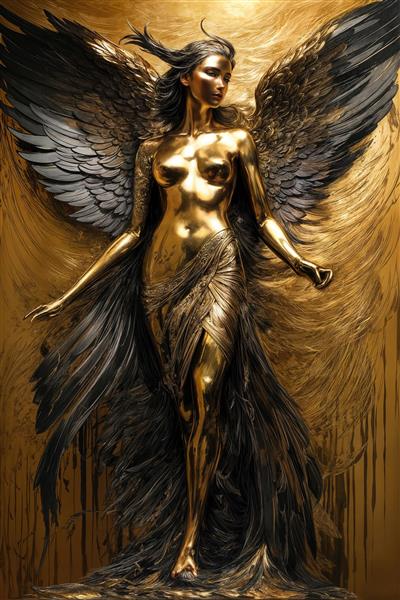 تصویر پرتره فرشته با لباس طلایی و بال‌های تیره برای دکوراسیون لاکچری