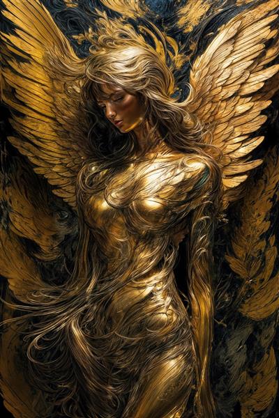 تابلو فرشته طلایی با موهای در حال وزش و بال‌های بزرگ برای چاپ بوم
