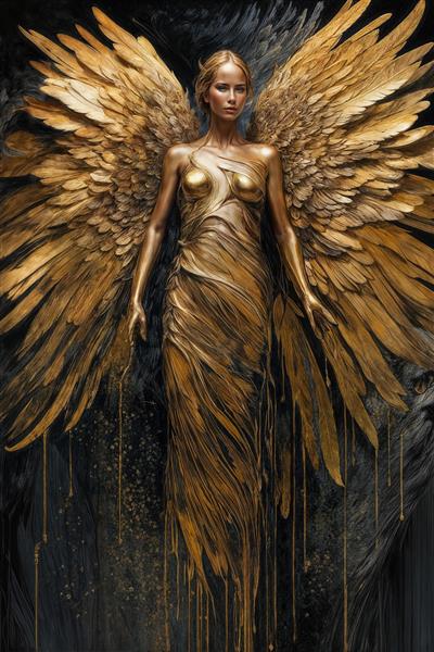 طرح دیوارپوش اتاق پذیرایی فرشته بال بزرگ طلایی با لباس بلند مجسمه‌ای