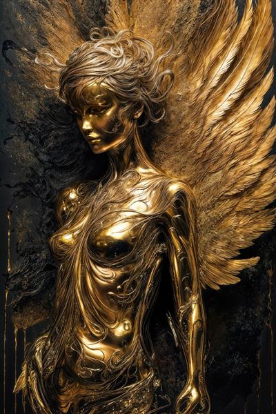 پوستر فرشته طلایی مجسمه با بال‌های پر از پر و پس‌زمینه تیره و درخشان