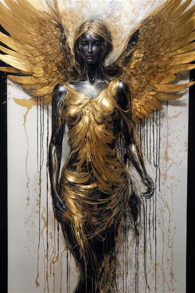 تصویر فرشته دکوراتیو با پس‌زمینه سیاه و سفید و آبشار رنگ طلایی