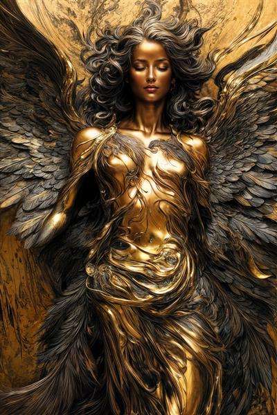 طرح تابلوی مدرن فرشته با بال‌های تیره و لباس مجسمه‌ای طلایی