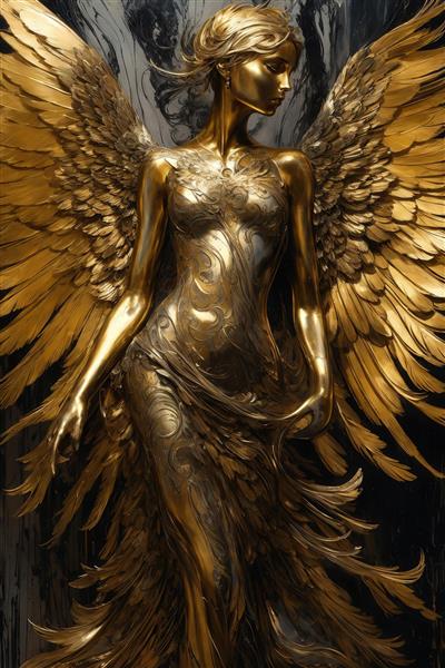 طرح دکوراتیو فرشته بالدار با بافت نقاشی و لباس مجسمه‌ای طلایی