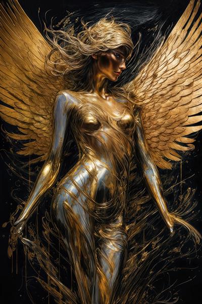 کاغذ دیواری اتاق خواب فرشته بالدار طلایی روی زمینه مشکی و خاکستری