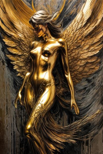 طرح دیوارپوش سه بعدی فرشته بالدار با لباس مجسمه‌ای طلایی