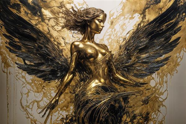 عکس فرشته زن طلایی با بال‌های تیره برای تابلو دکوراتیو مدرن
