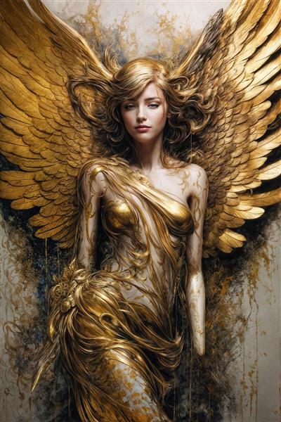 عکس فرشته با لباس مجسمه‌ای طلایی و بال‌های عظیم دکوراتیو