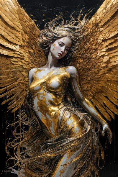 تصویر زن طلایی با بال‌های فرشته و موهای مواج برای چاپ عریض