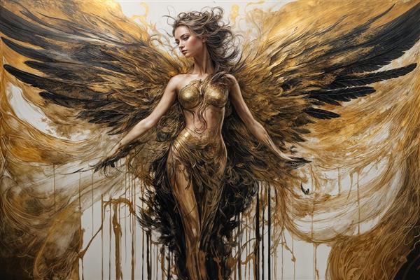 عکس الهه با بال‌های پرمانند طلایی برای تابلو پذیرایی لوکس