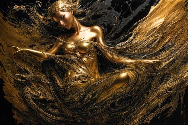 تصویر زن طلایی مجسمه‌مانند فانتزی با لباس آبستره برای چاپ روتختی