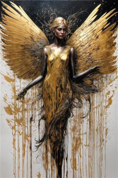 عکس الهه طلایی با لباس مجسمه‌ای فانتزی برای تابلو دیواری مدرن