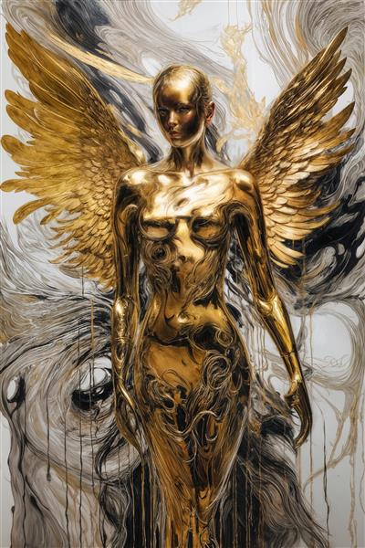 تصویر زن مجسمه‌ای طلایی با بال برای تابلو دکوراتیو مدرن