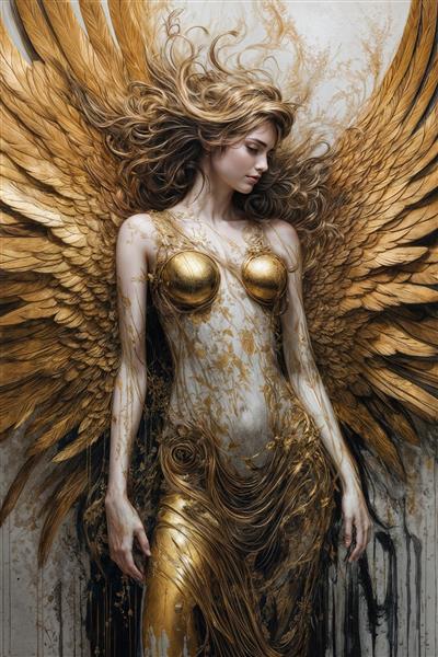 عکس فرشته زن طلایی با لباس مدرن برای پوستر دیواری اتاق خواب
