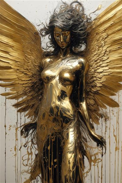 عکس زن طلایی مجسمه‌مانند با بال‌های بزرگ برای پوستر مدرن آبستره