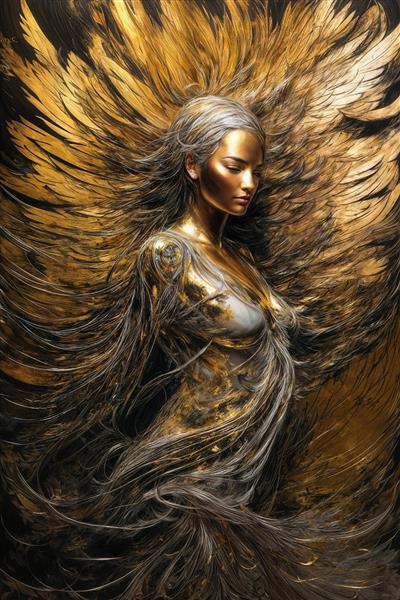 تصویر زن فرشته با موهای بلند طلایی و سفید برای چاپ روتختی باکیفیت