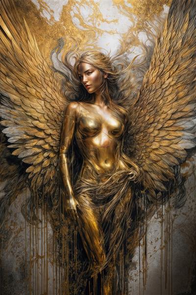 عکس فرشته زن طلایی با بال‌های تیره برای تابلو دکوراتیو مدرن