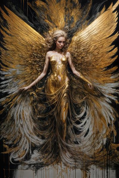 عکس فرشته با لباس مجسمه‌ای طلایی و بال‌های عظیم دکوراتیو