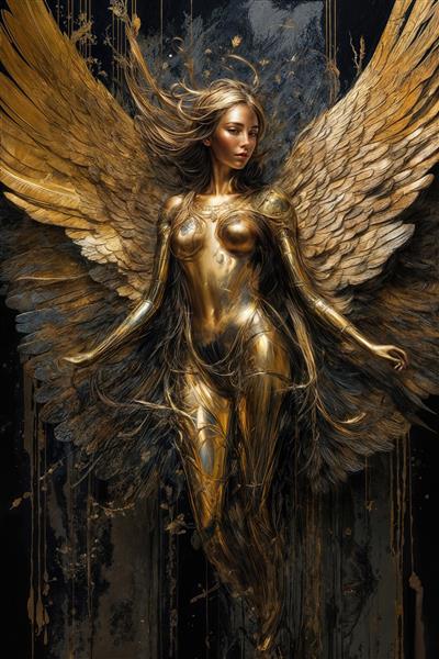 تصویر زن طلایی با بال‌های فرشته و موهای مواج برای چاپ عریض