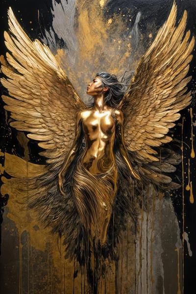عکس الهه با بال‌های پرمانند طلایی برای تابلو پذیرایی لوکس