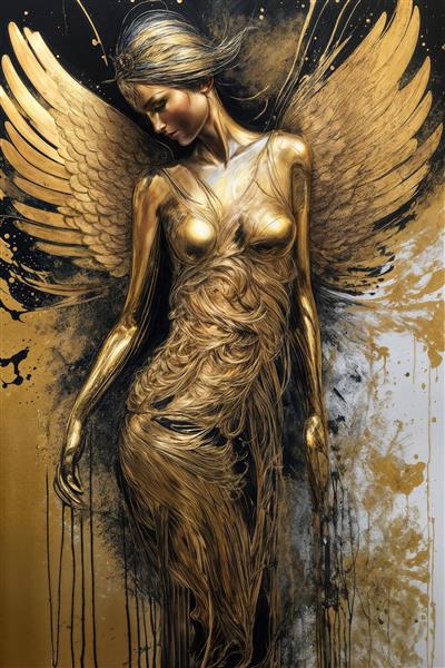 تصویر زن طلایی مجسمه‌مانند فانتزی با لباس آبستره برای چاپ روتختی