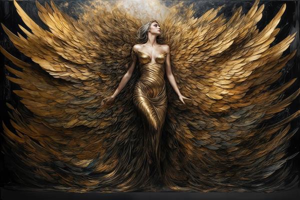 عکس الهه طلایی با لباس مجسمه‌ای فانتزی برای تابلو دیواری مدرن