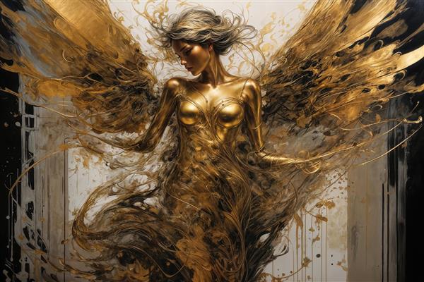 نقاشی انتزاعی زن با بدن طلایی و بال‌های مایع برای تابلو