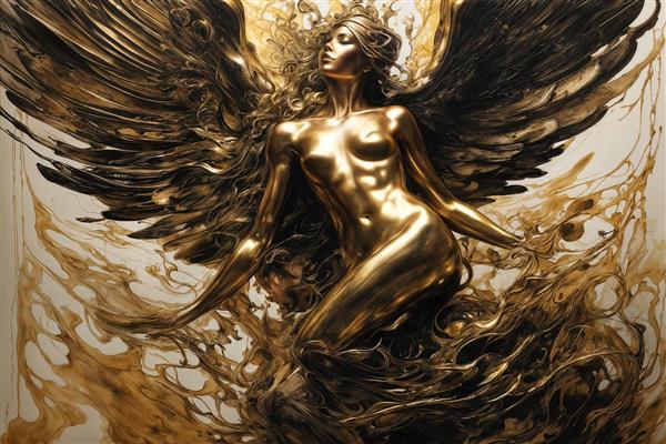 طرح فرشته زن طلایی مایع با بال‌های مشکی طلایی برای چاپ