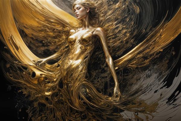 نقاشی مدرن فرشته زن طلایی با مایع طلا در حال پرواز