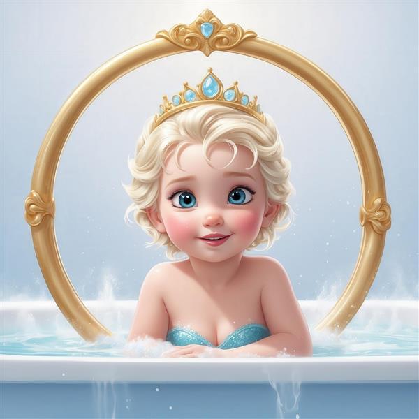 عکس کودک السا در حال حمام با تاج طلایی برای قاب آینه