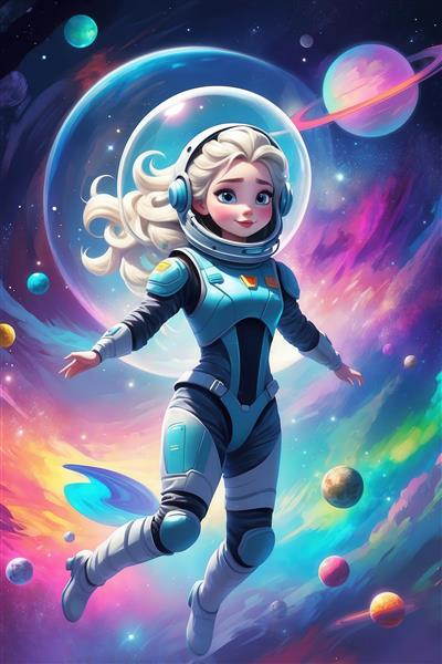 تصویر فانتزی السا فضانورد در لباس آبی با سیارات رنگی