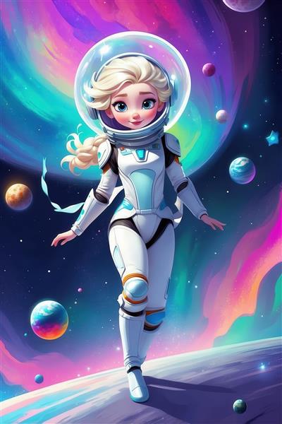 طرح فانتزی السا فضانورد با لباس سفید در کهکشان رنگین‌کمان