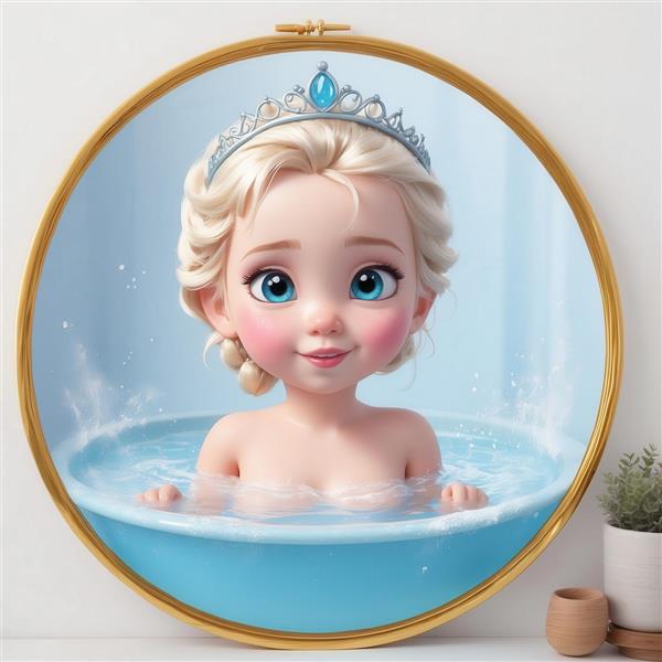 تصویر کارتونی کودک السا در وان حمام با تاج برای اتاق کودک