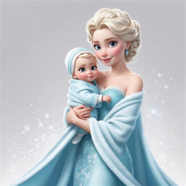 طرح کارتونی السا مادر و نوزاد در لباس آبی مخملی